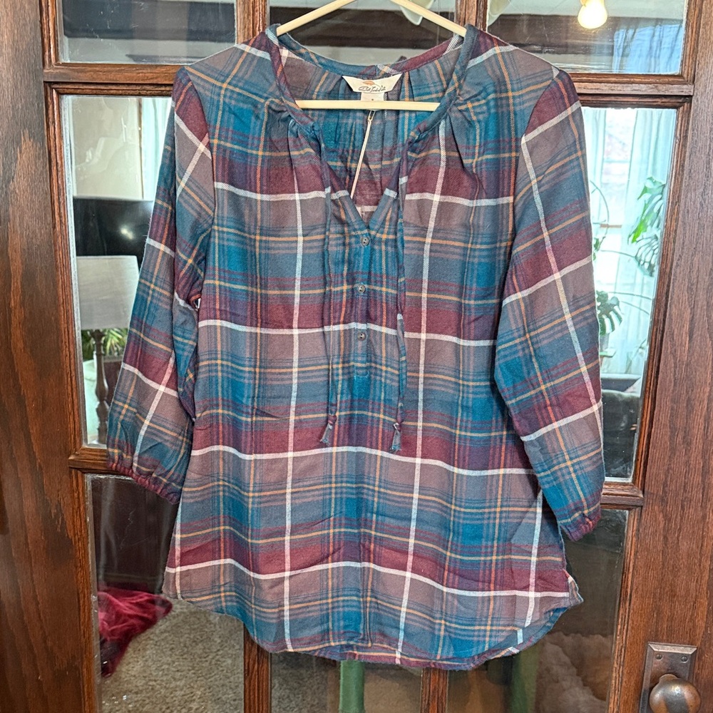 Bob Timberlake Women Plaid Henley Blouse Teal Burgundy 3/4 Sleeve Size Small NWT